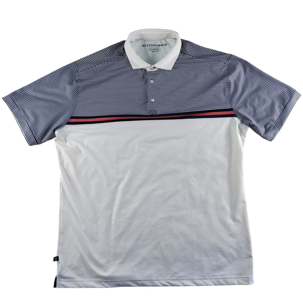Mizzen+Main GolfPolo Shirt Mens 2XL White Blue Red Stripe Performance Stretch